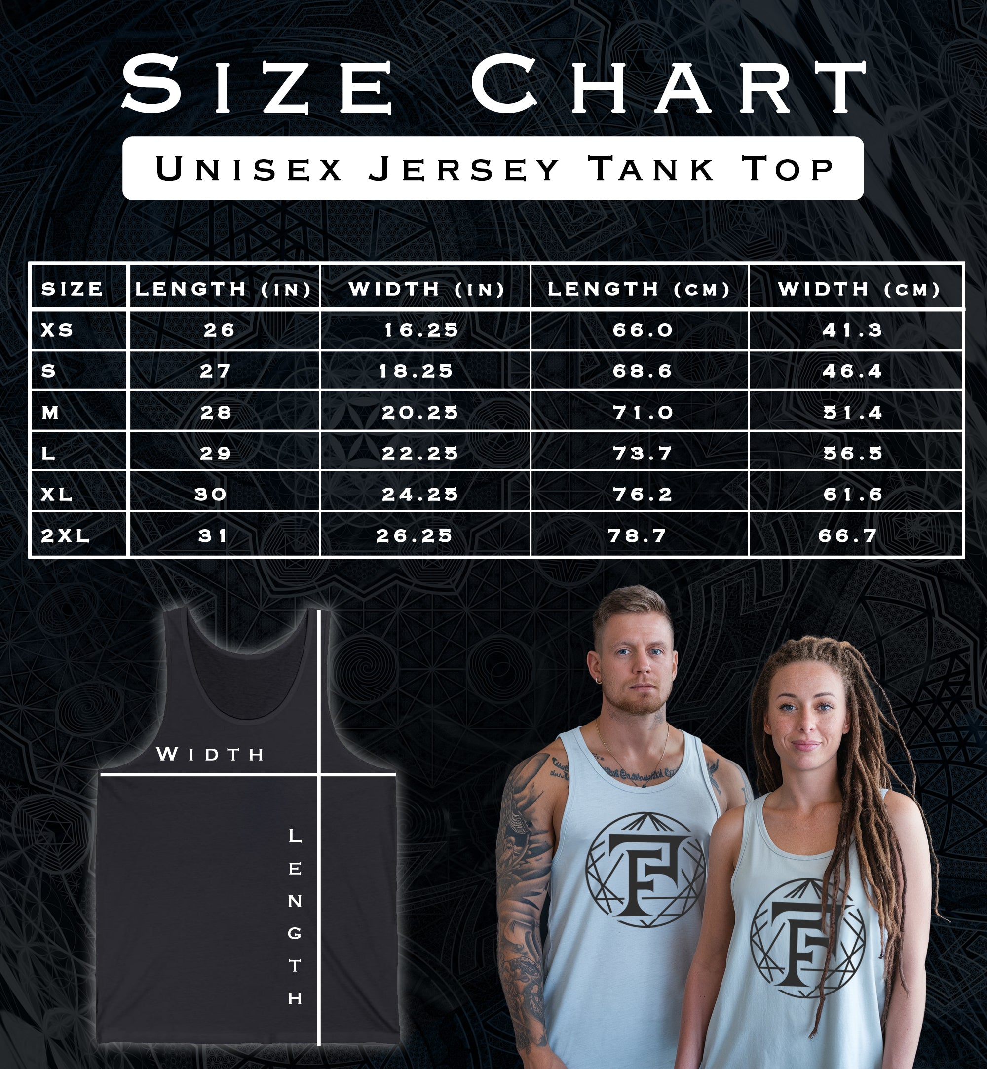 Garment measurements and size chart for Fractal Golden Fibonacci Spiral Tank Top