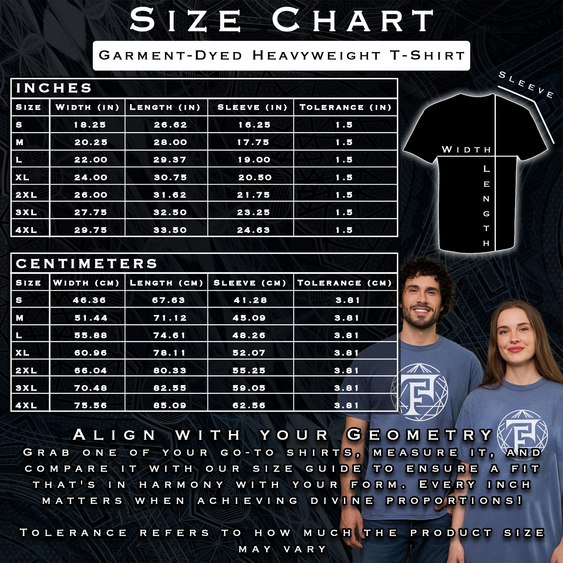 Size chart for garment-dyed heavyweight t-shirts with measurements and a couple wearing the shirts.