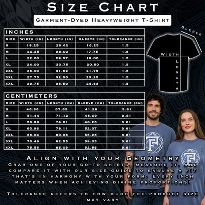 Size chart for garment-dyed heavyweight t-shirts with measurements and a couple wearing the shirts.