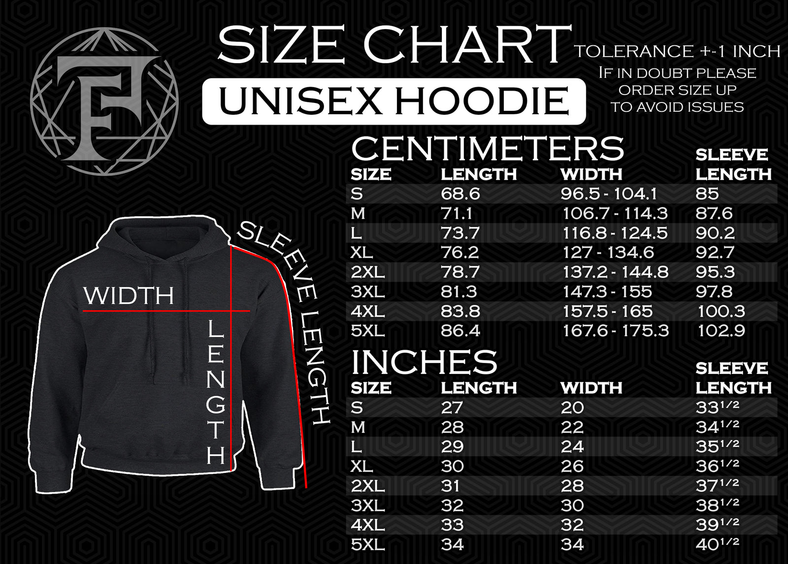 Size chart for Flower Of Life Unisex Hoodie