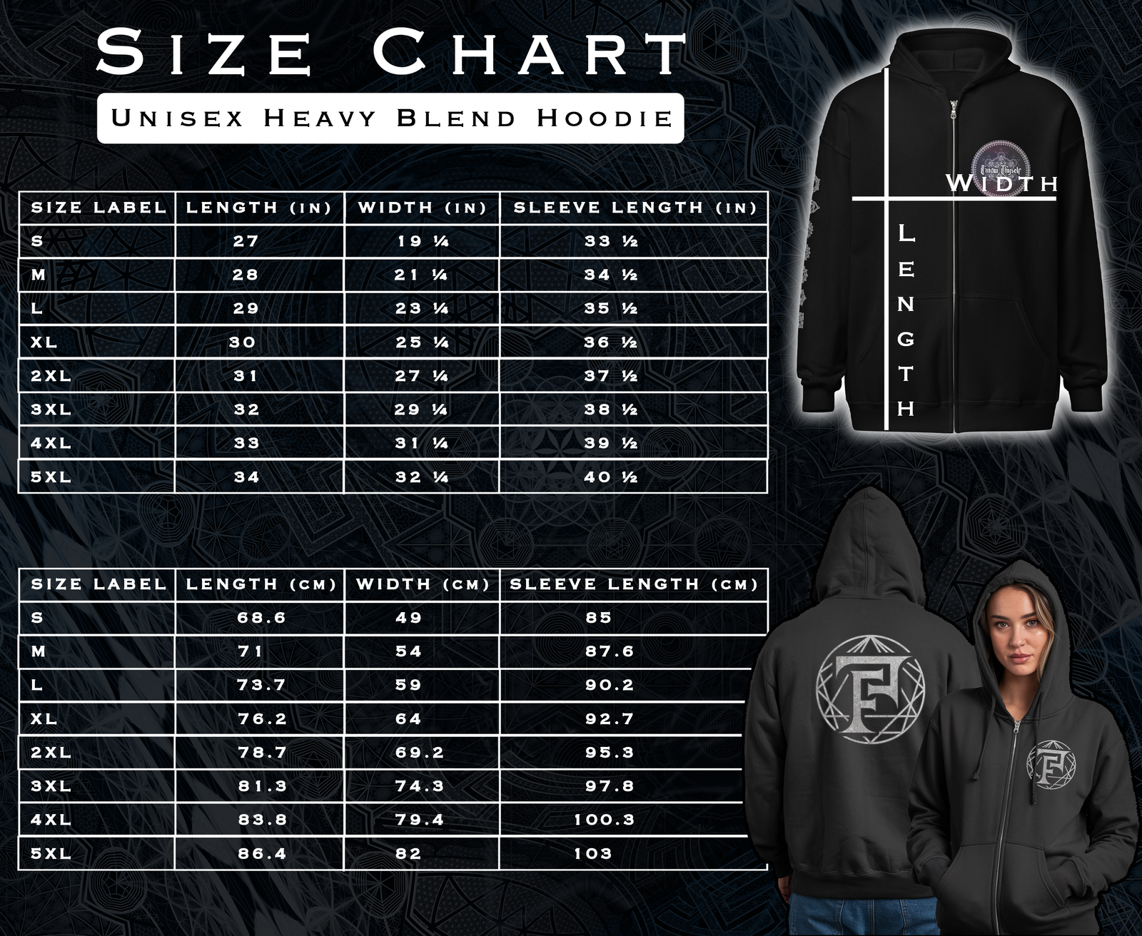 Size chart for Know Thyself Unisex Heavy Blend Zip Hoodie