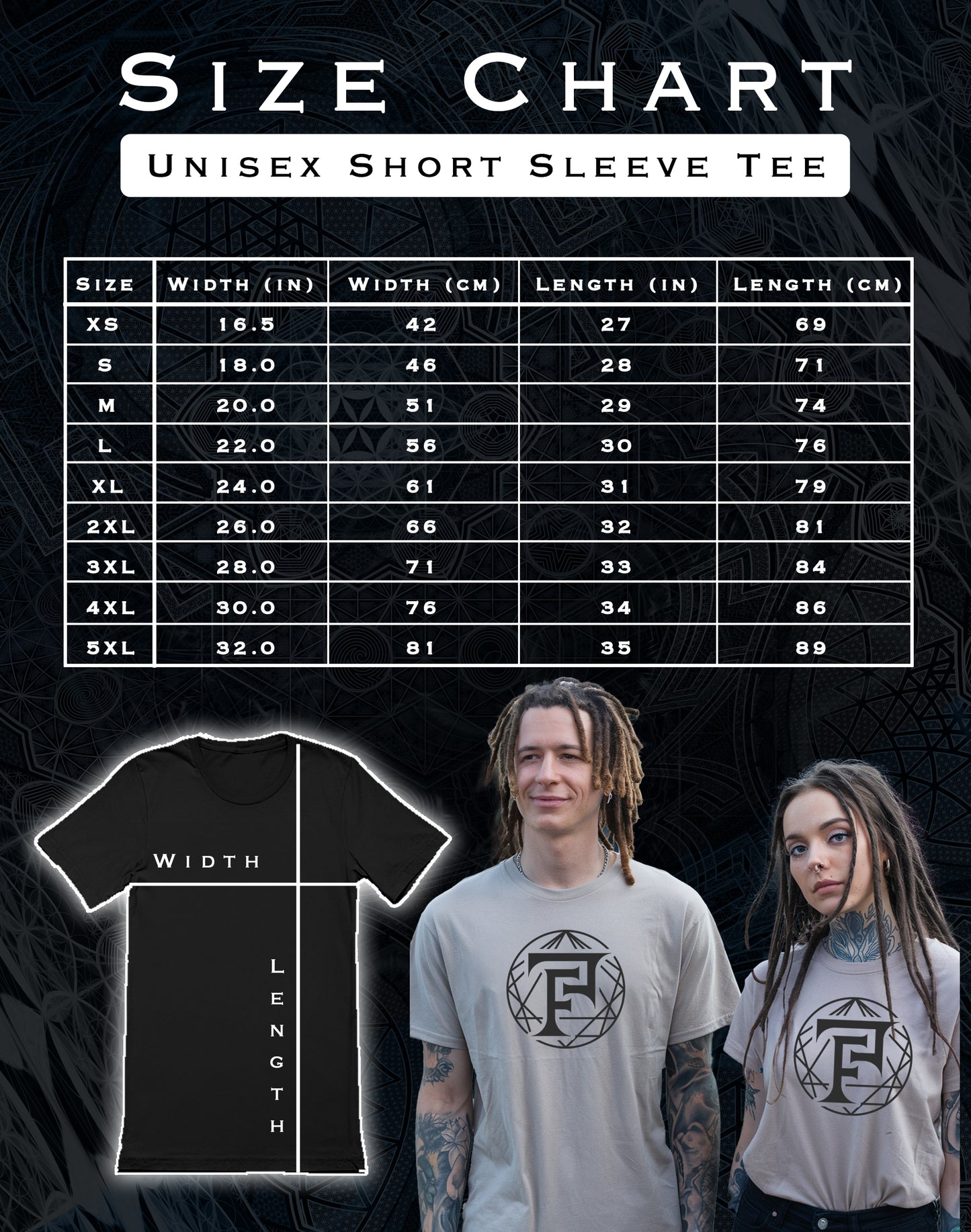 Size chart for unisex short sleeve tees with two models wearing the t-shirts.