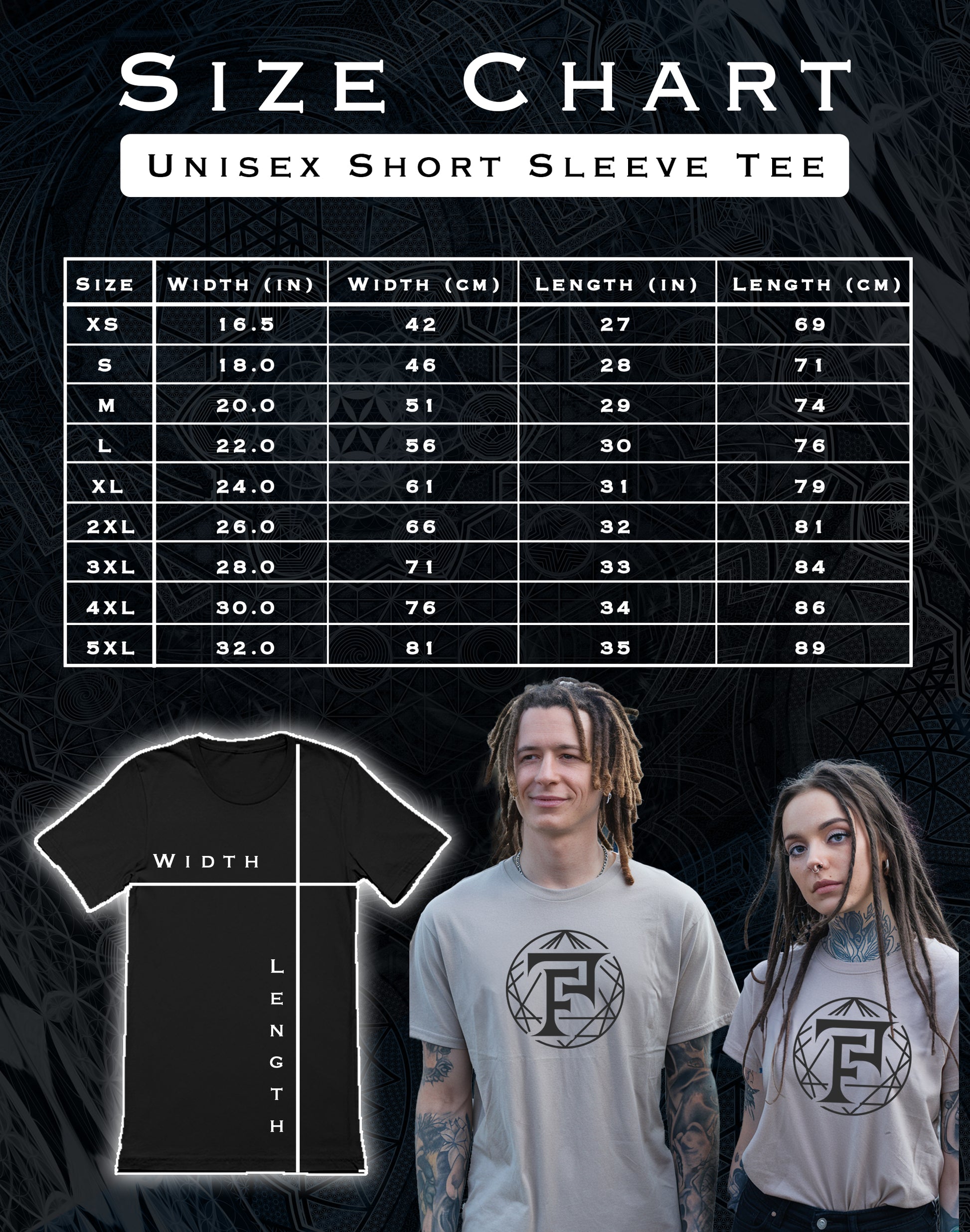 Size chart for unisex short sleeve tees with two models wearing the t-shirts.