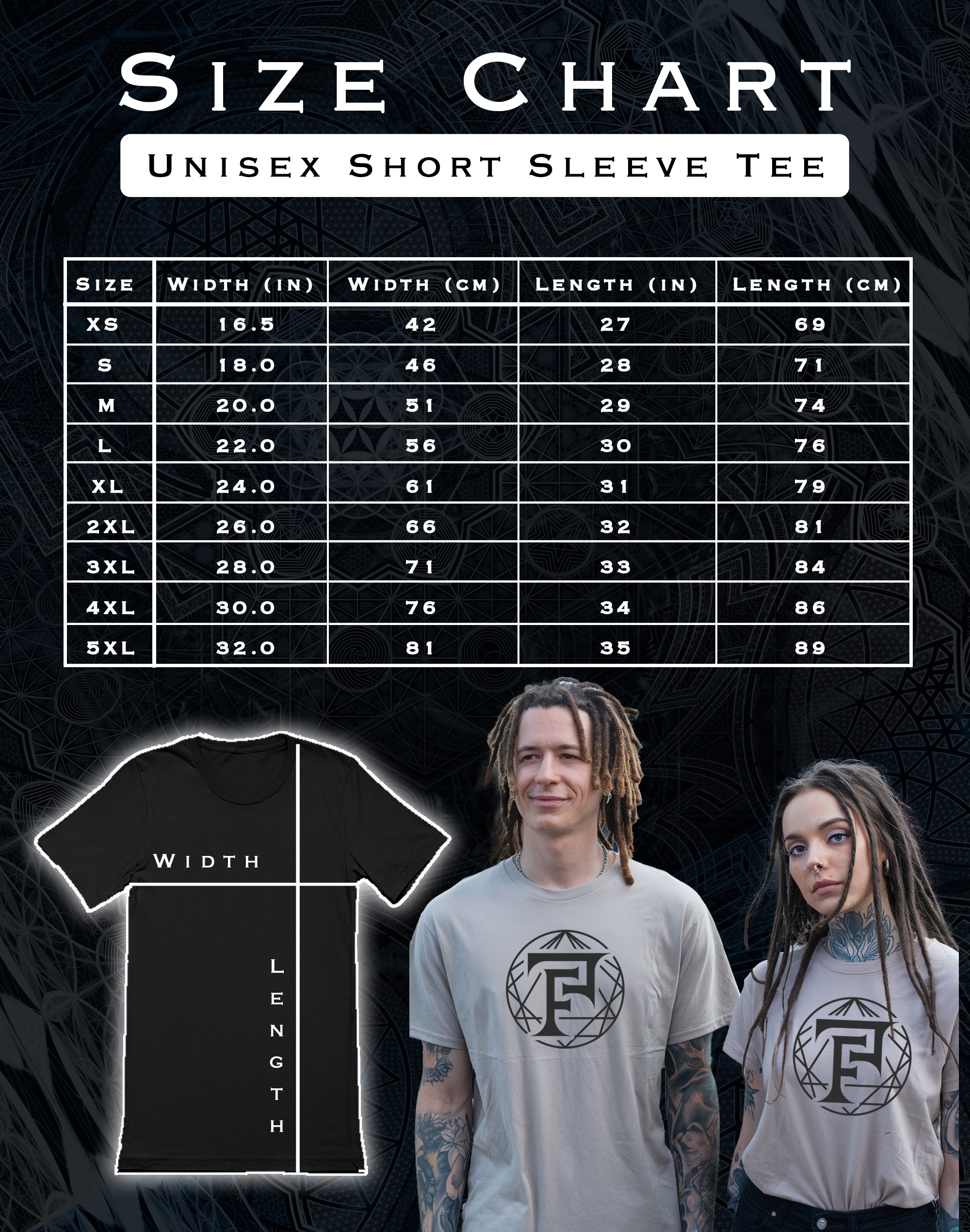 Garment measurements and size chart for Sacred Geometry Armor T-Shirt