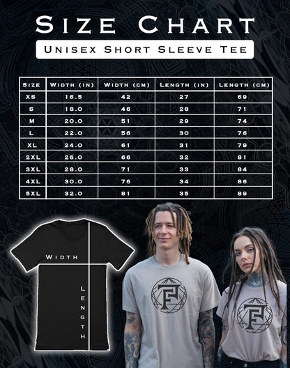 Size chart for unisex short sleeve tees with two models wearing the t-shirts.