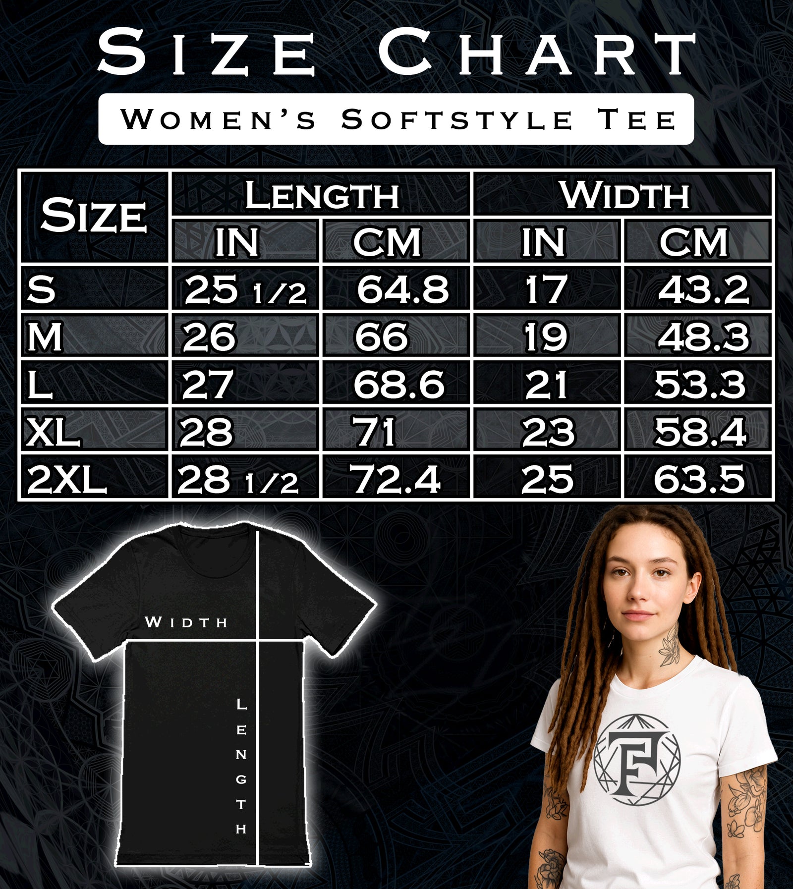 Size chart for Metatron Fractal Star Women's T-shirt