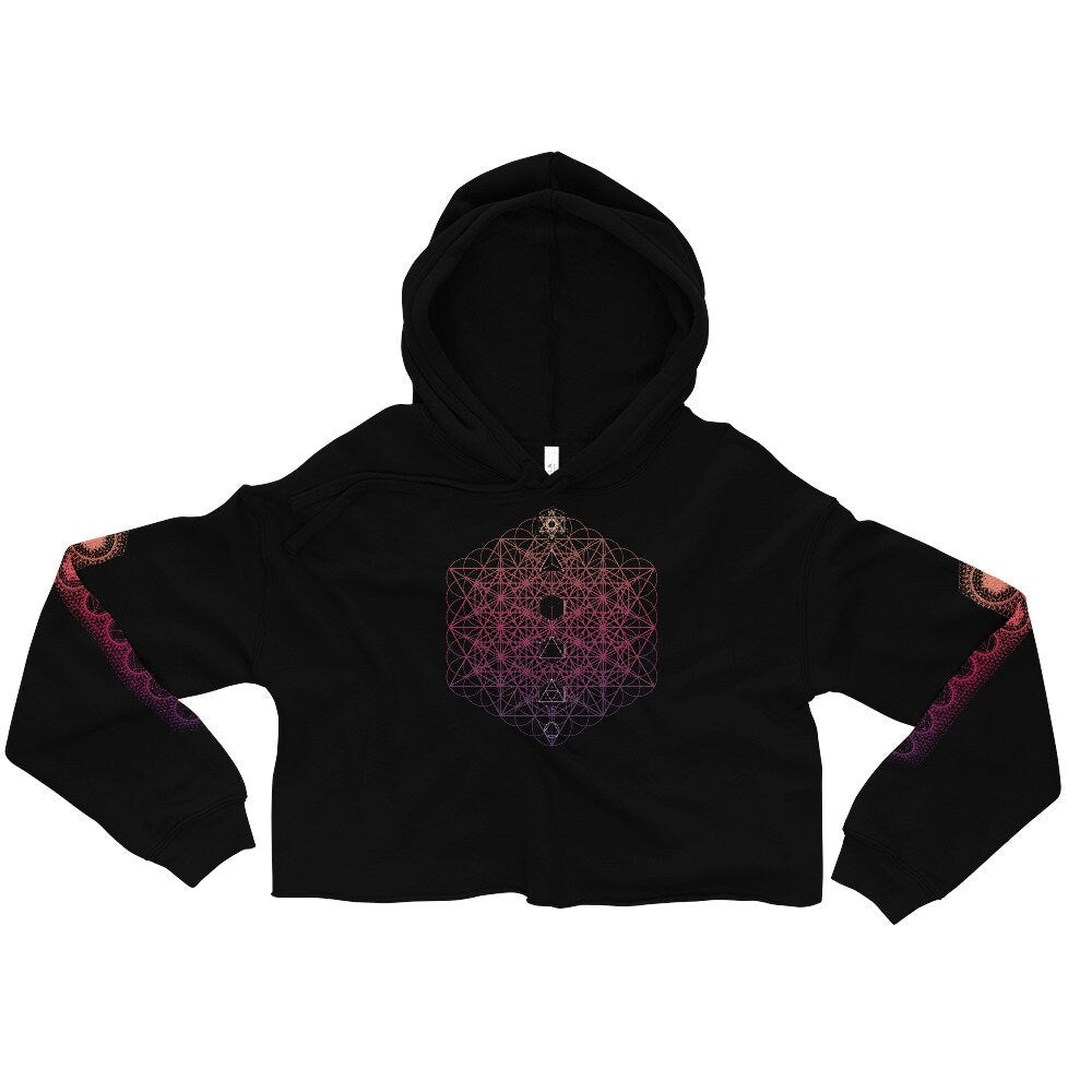 Metatron's Cube | Flower Of Life | Platonic Solids | 64 Tetrahedron | Psychedelic Artwork | Wearable Art | Spiritual Gift | Cropped Hoodie