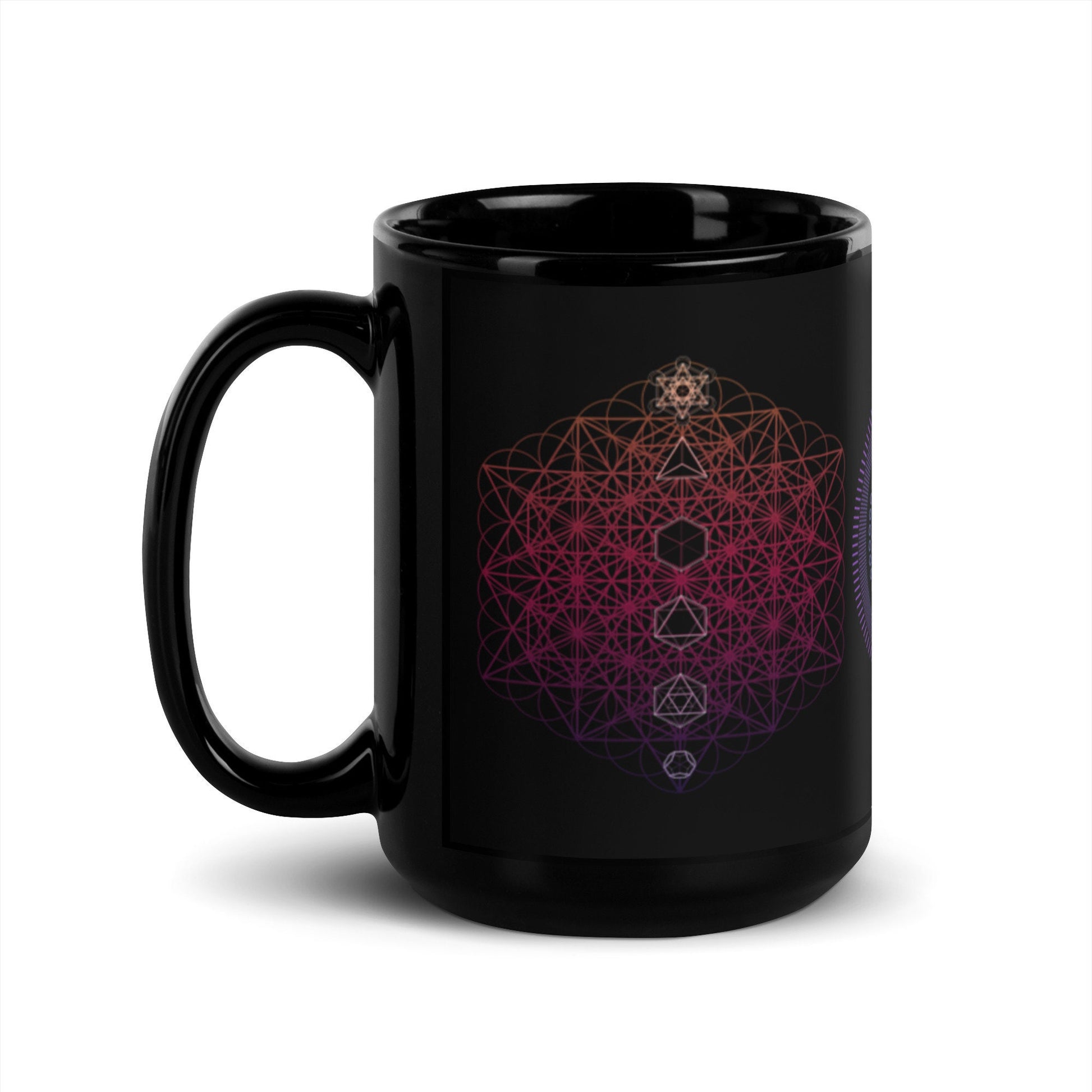 Metatron&#39;s Cube | Sacred Geometry | Colorful Gradient | 64 Tetrahedron | Black Glossy Mug