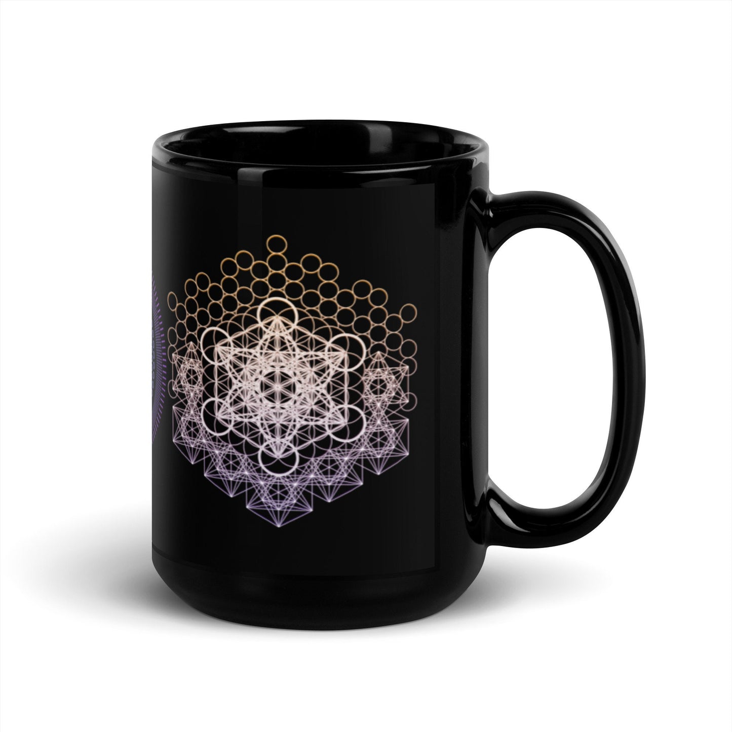 Metatron&#39;s Cube | Sacred Geometry | Colorful Gradient | 64 Tetrahedron | Black Glossy Mug