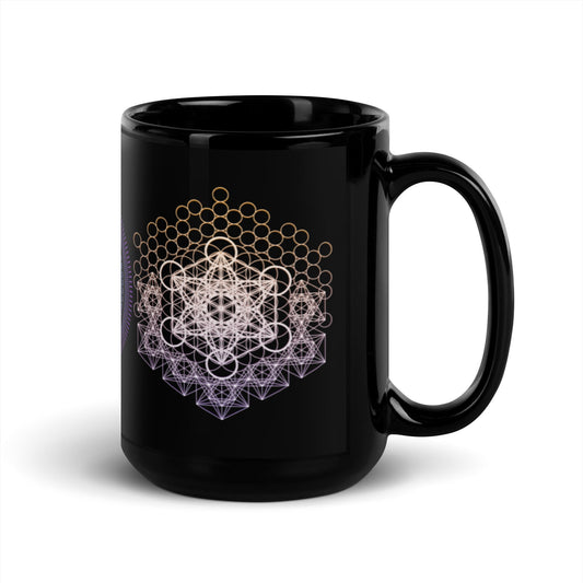 Metatron&#39;s Cube | Sacred Geometry | Colorful Gradient | 64 Tetrahedron | Black Glossy Mug