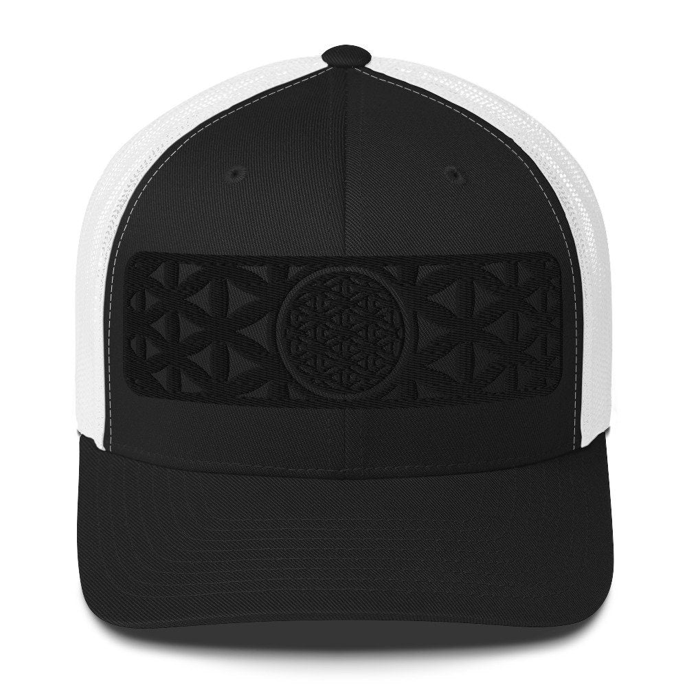 Sacred Geometry | Black Flower Of Life | Seed of Life | Festival Clothing | Spiritual Gift | Psychedelic Hat | Embroidered Trucker Cap