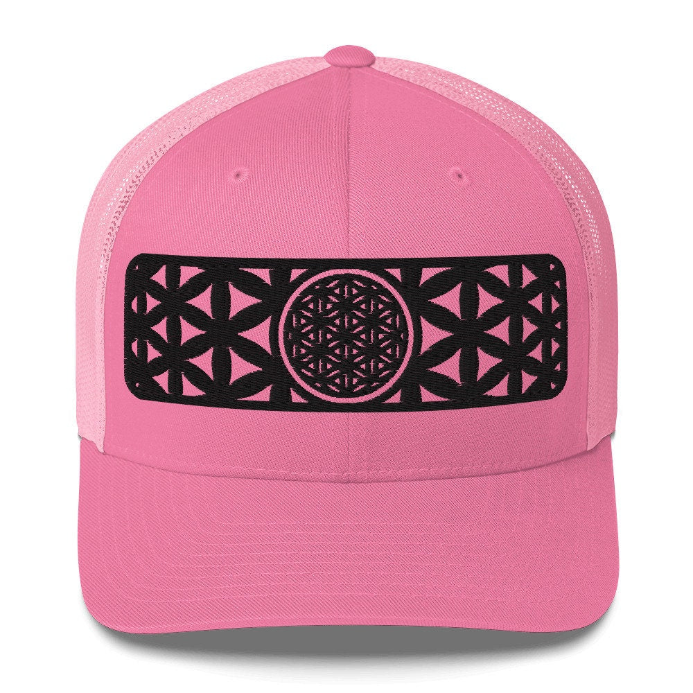 Sacred Geometry | Black Flower Of Life | Seed of Life | Festival Clothing | Spiritual Gift | Psychedelic Hat | Embroidered Trucker Cap