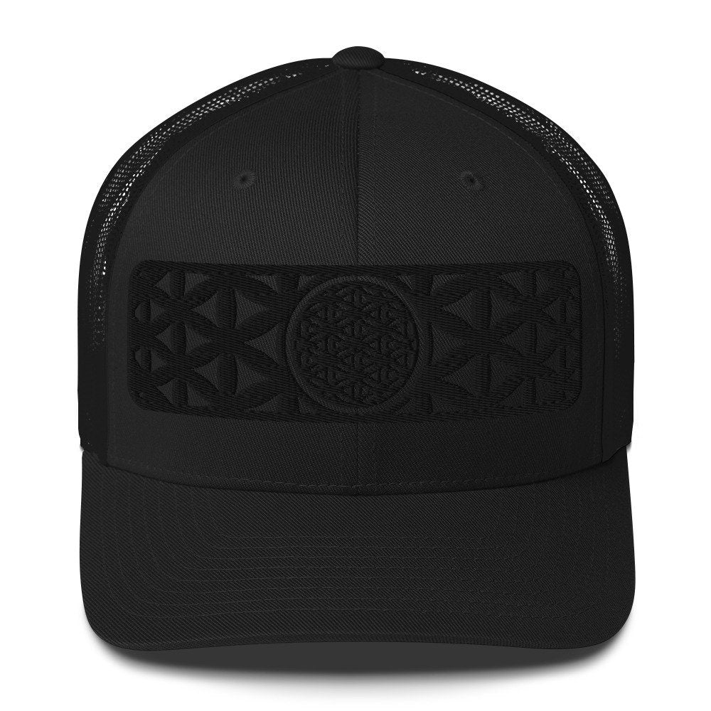 Sacred Geometry | Black Flower Of Life | Seed of Life | Festival Clothing | Spiritual Gift | Psychedelic Hat | Embroidered Trucker Cap