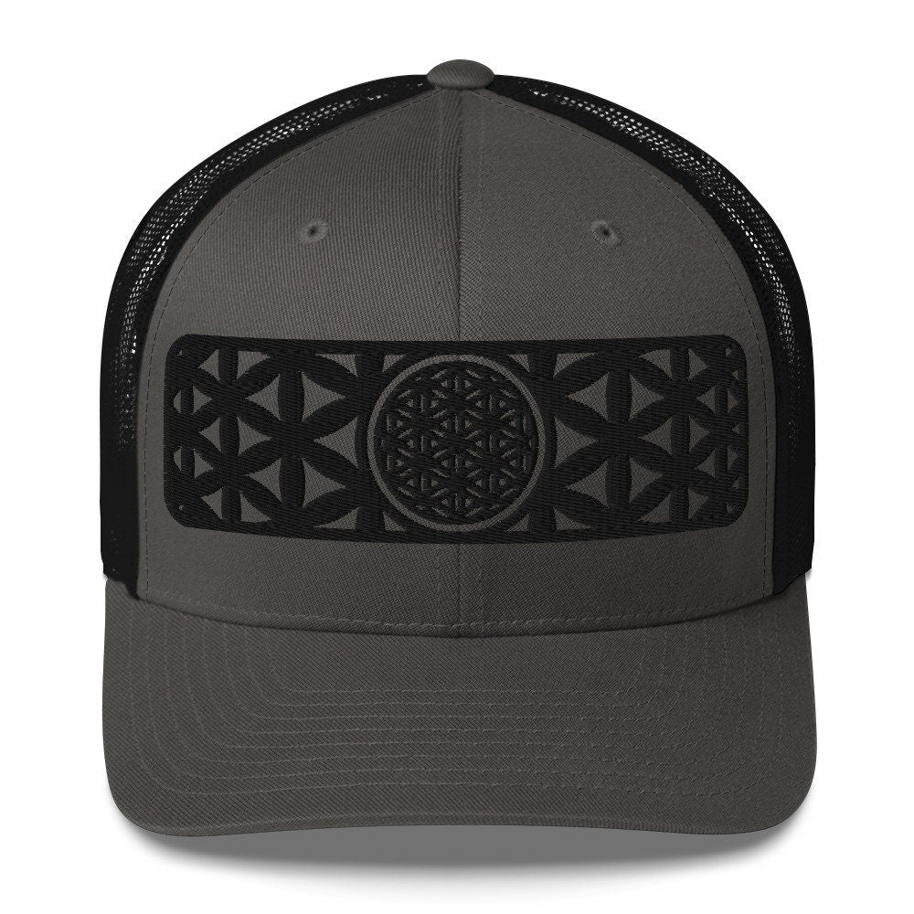 Sacred Geometry | Black Flower Of Life | Seed of Life | Festival Clothing | Spiritual Gift | Psychedelic Hat | Embroidered Trucker Cap