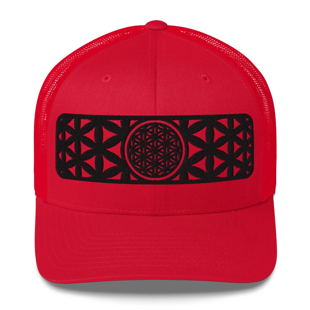 Sacred Geometry | Black Flower Of Life | Seed of Life | Festival Clothing | Spiritual Gift | Psychedelic Hat | Embroidered Trucker Cap