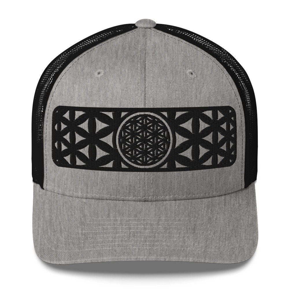 Sacred Geometry | Black Flower Of Life | Seed of Life | Festival Clothing | Spiritual Gift | Psychedelic Hat | Embroidered Trucker Cap