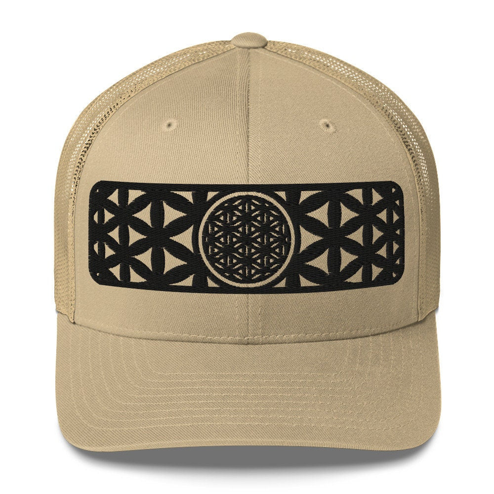 Sacred Geometry | Black Flower Of Life | Seed of Life | Festival Clothing | Spiritual Gift | Psychedelic Hat | Embroidered Trucker Cap