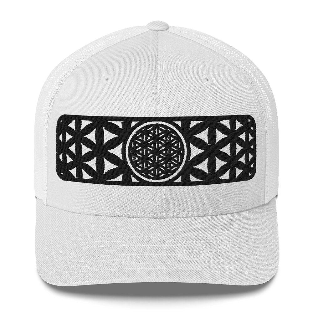 Sacred Geometry | Black Flower Of Life | Seed of Life | Festival Clothing | Spiritual Gift | Psychedelic Hat | Embroidered Trucker Cap