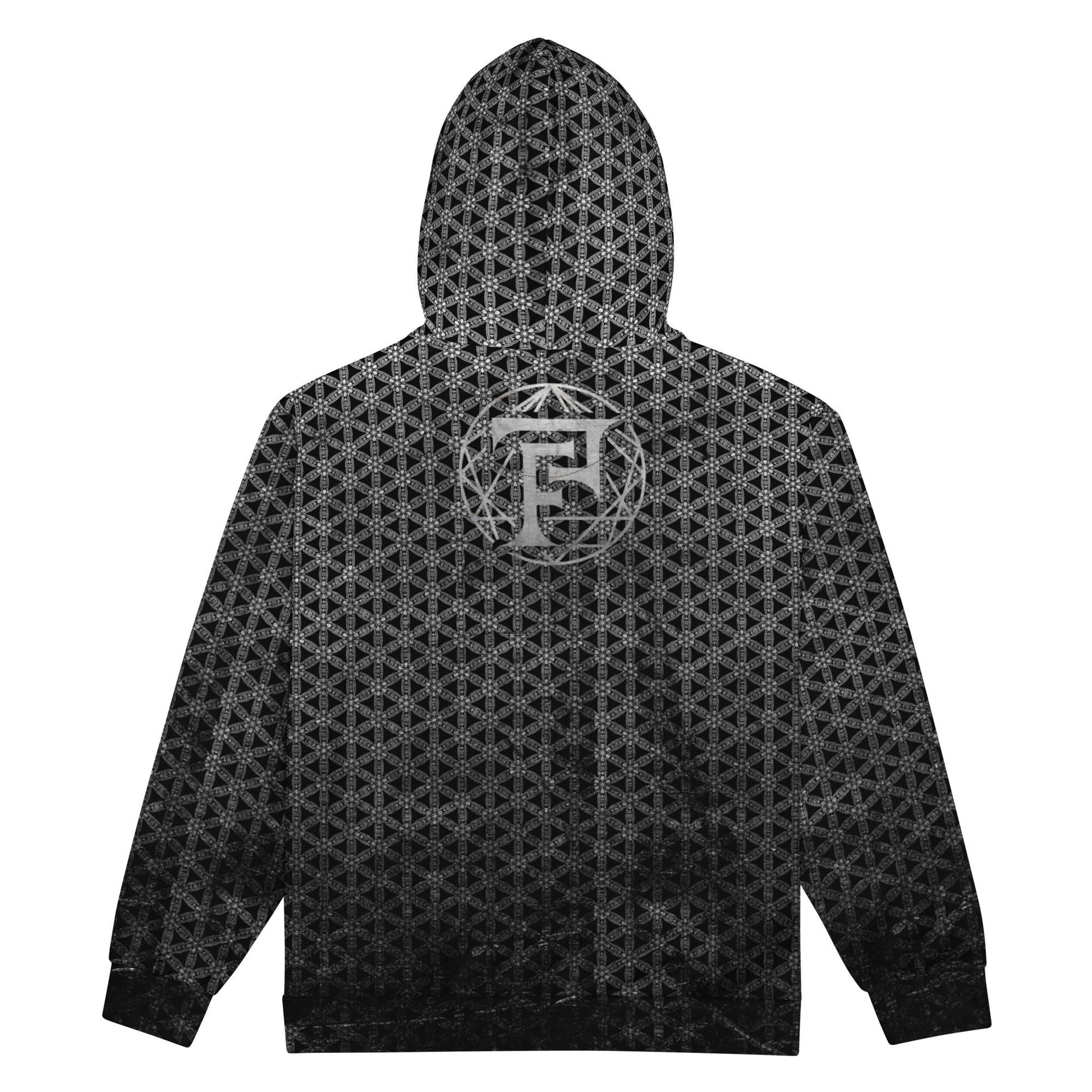 Flower Of Life | Sacred Geometry | Intricate Psychedelic Pattern | Distressed Silver Vintage Look | Festival Clothing | Unisex zip hoodie