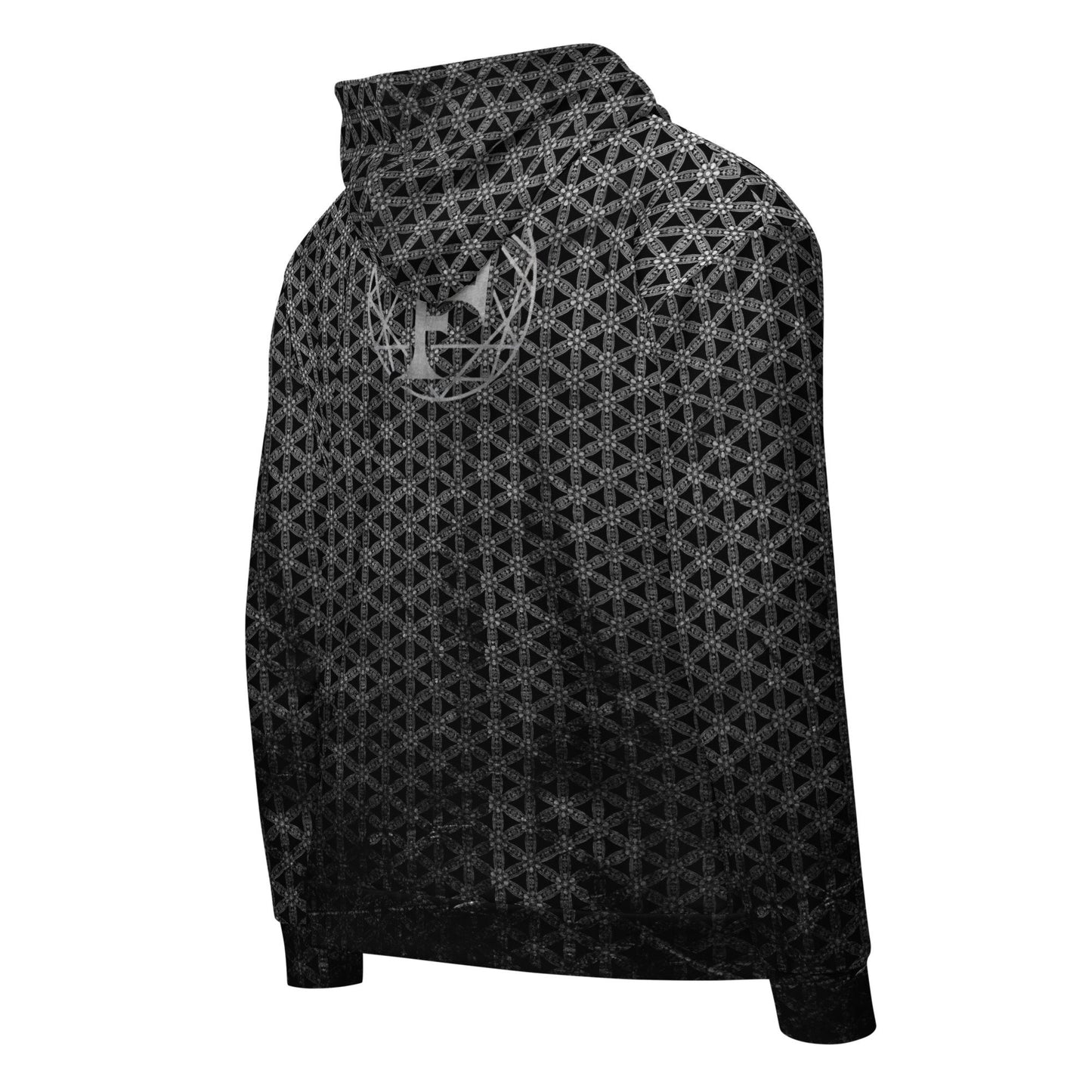 Flower Of Life | Sacred Geometry | Intricate Psychedelic Pattern | Distressed Silver Vintage Look | Festival Clothing | Unisex zip hoodie