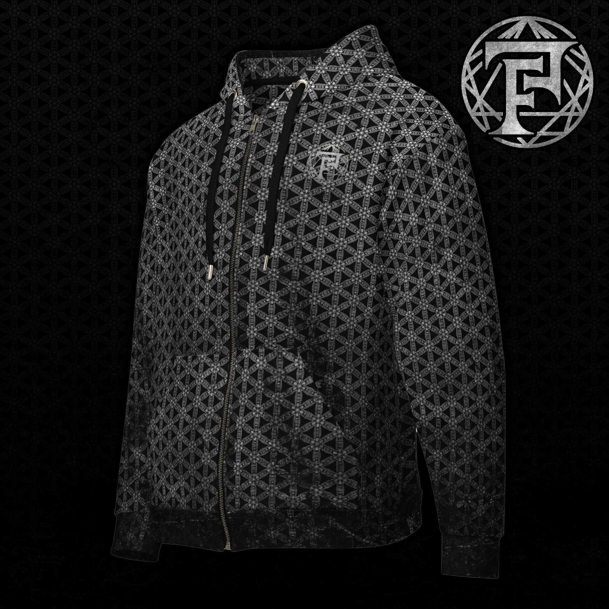 Flower Of Life | Sacred Geometry | Intricate Psychedelic Pattern | Distressed Silver Vintage Look | Festival Clothing | Unisex zip hoodie