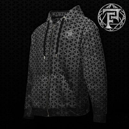 Flower Of Life | Sacred Geometry | Intricate Psychedelic Pattern | Distressed Silver Vintage Look | Festival Clothing | Unisex zip hoodie