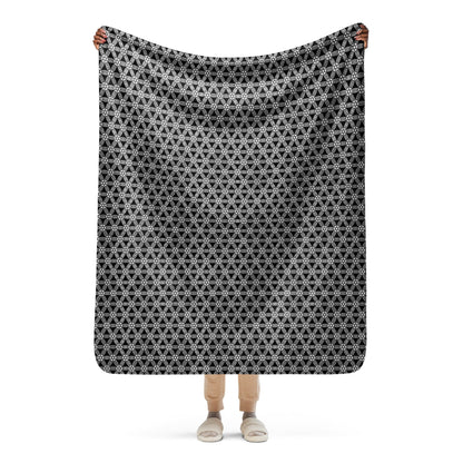 Flower Of Life | Sacred Geometry | Intricate Psychedelic Pattern | Distressed Silver Vintage Look | Warm Festival Throw | Sherpa blanket