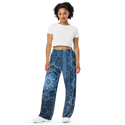 Sri Yantra | Blue Sacred Geometry Patterns | Flower Of Life | Metatrons Cube Pants | Tree Of Life | Psychedelic Wear | Unisex wide-leg pants