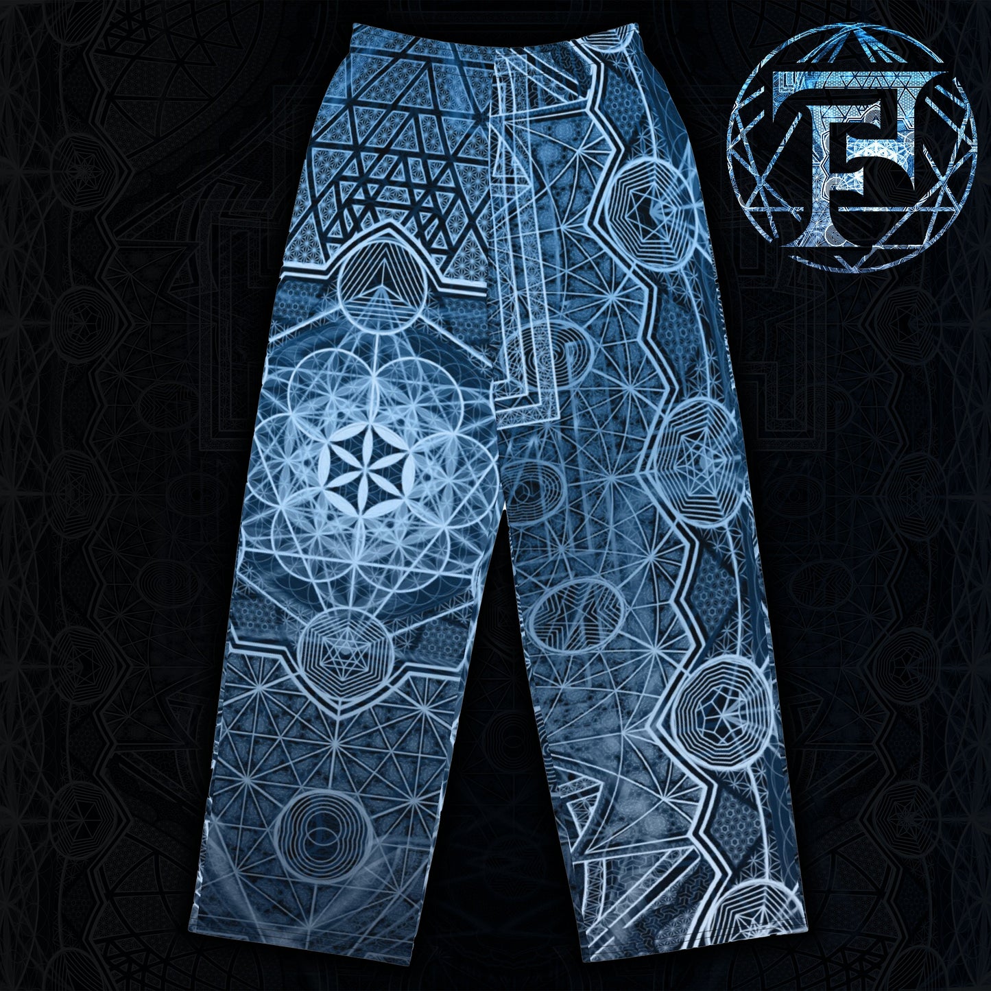 Sri Yantra | Blue Sacred Geometry Patterns | Flower Of Life | Metatrons Cube Pants | Tree Of Life | Psychedelic Wear | Unisex wide-leg pants