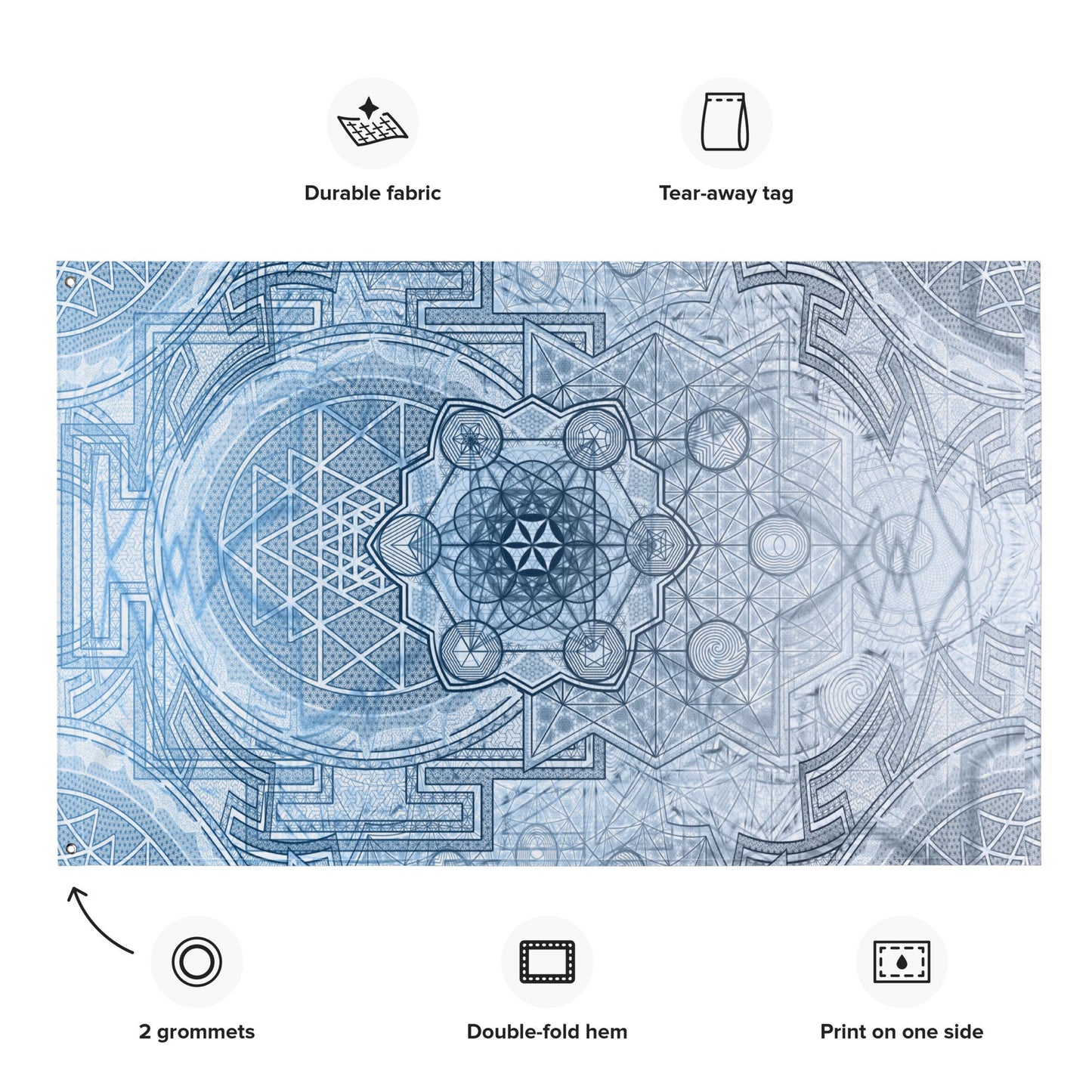 Sri Yantra | Sacred Geometry Patterns | Flower Of Life | Metatron&#39;s Cube Tapestry | Tree Of Life | Psychedelic Wall Art | Blue Flag