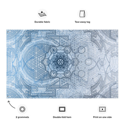 Sri Yantra | Sacred Geometry Patterns | Flower Of Life | Metatron&#39;s Cube Tapestry | Tree Of Life | Psychedelic Wall Art | Blue Flag