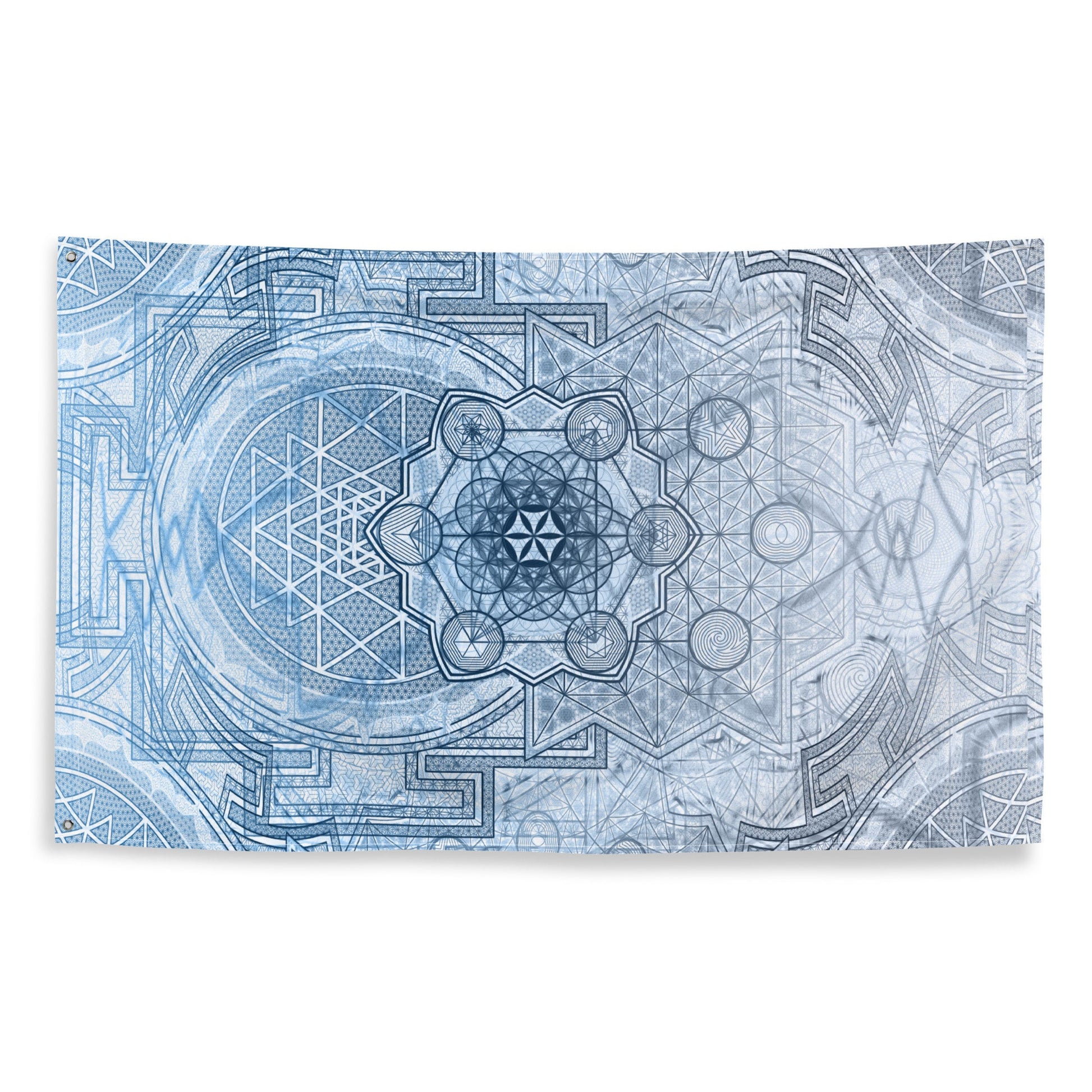 Sri Yantra | Sacred Geometry Patterns | Flower Of Life | Metatron&#39;s Cube Tapestry | Tree Of Life | Psychedelic Wall Art | Blue Flag