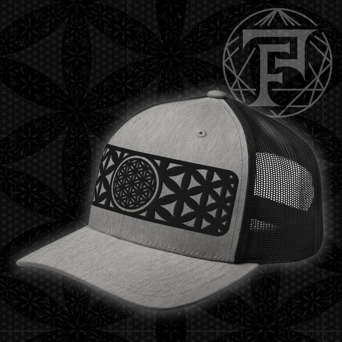 Sacred Geometry | Black Flower Of Life | Seed of Life | Festival Clothing | Spiritual Gift | Psychedelic Hat | Embroidered Trucker Cap