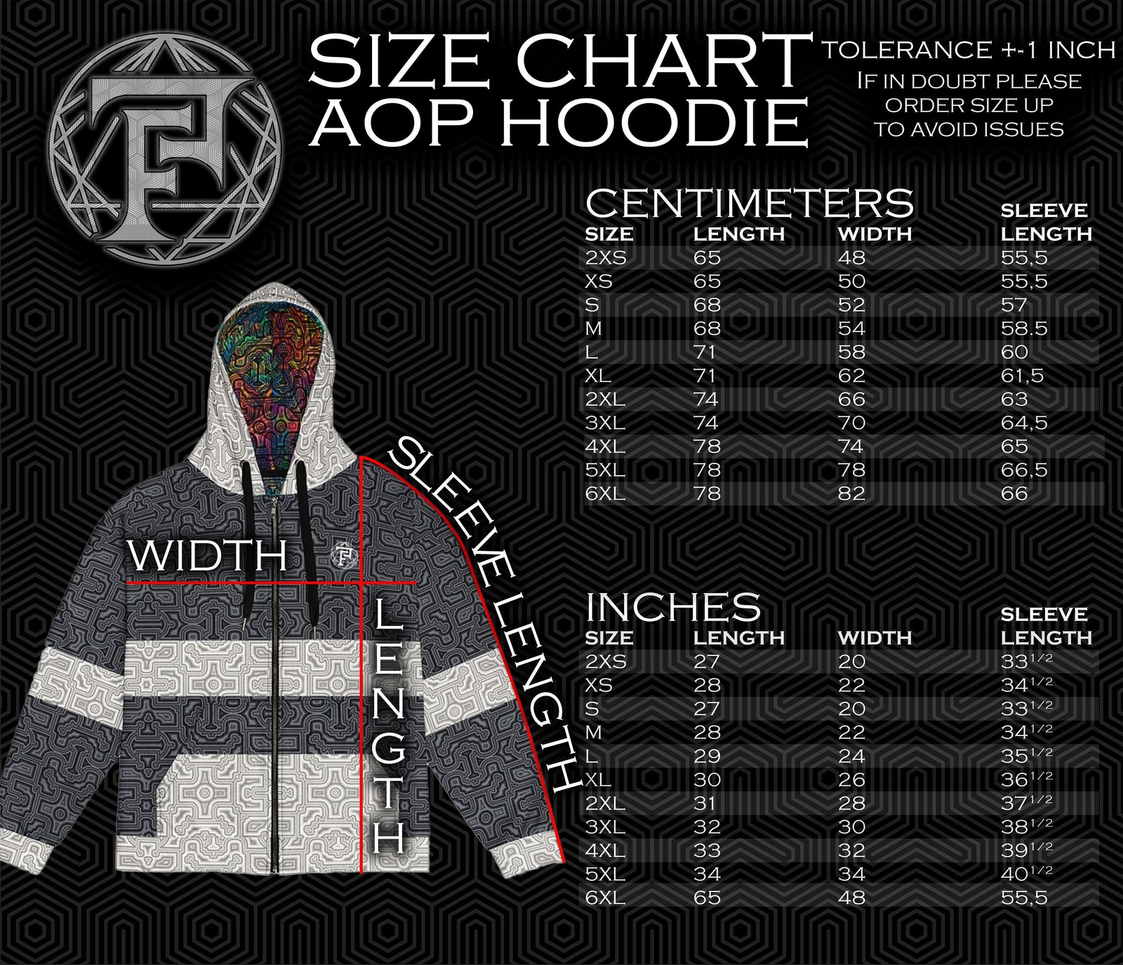 Size chart for Flower Of Life Silver Unisex Zip Hoodie