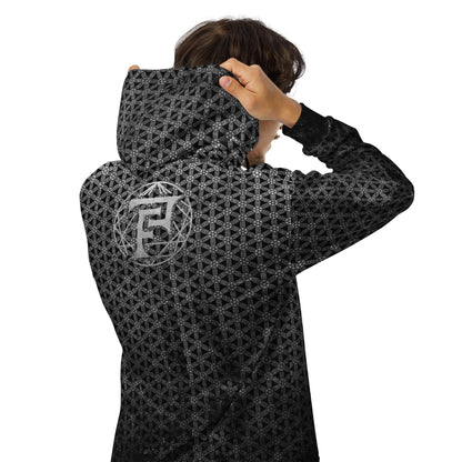 Flower Of Life | Sacred Geometry | Intricate Psychedelic Pattern | Distressed Silver Vintage Look | Festival Clothing | Unisex zip hoodie