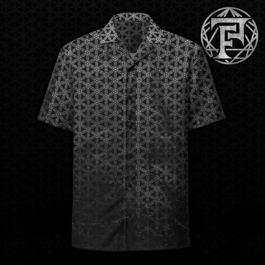 Flower Of Life | Sacred Geometry | Intricate Psychedelic Pattern | Distressed Silver Vintage Look | Festival Clothing | Unisex button shirt