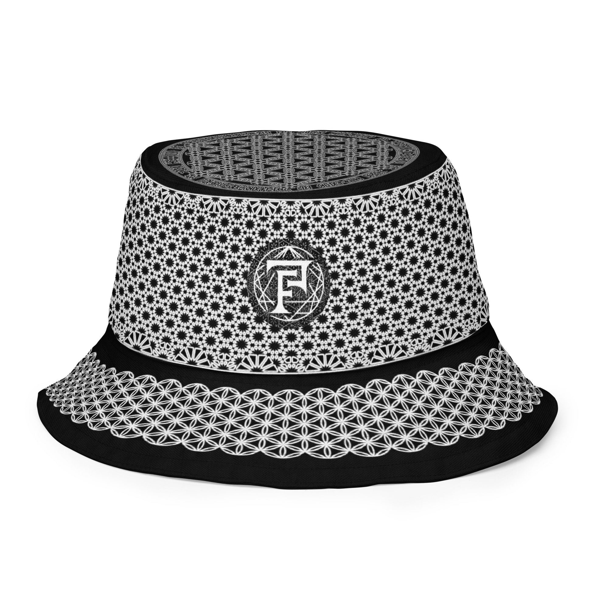 Sacred Geometry | Flower Of Life | Black and White 2 - sided Festival Hat | Psychedelic Pattern | Spiritual Gift |Reversible bucket hat