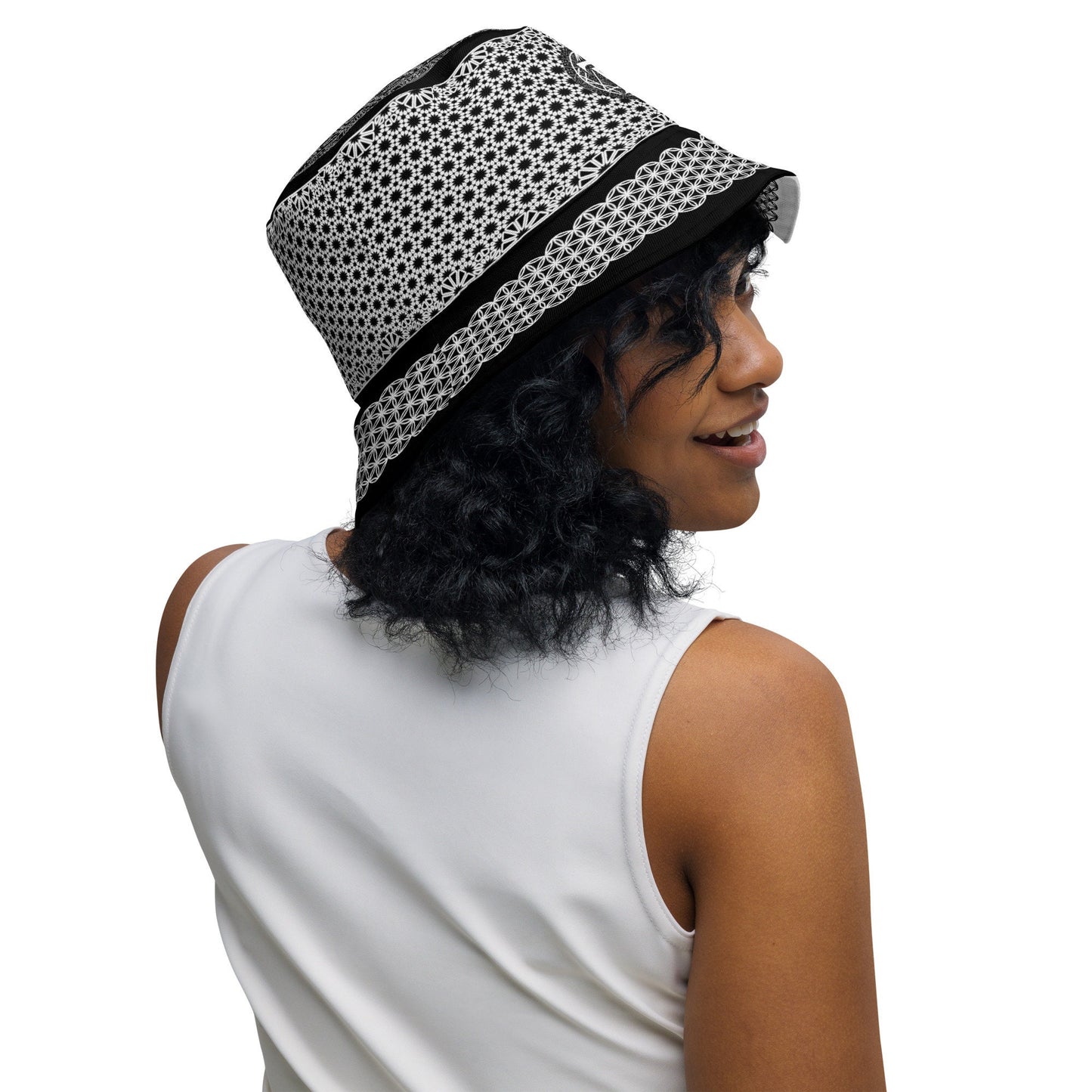 Sacred Geometry | Flower Of Life | Black and White 2 - sided Festival Hat | Psychedelic Pattern | Spiritual Gift |Reversible bucket hat