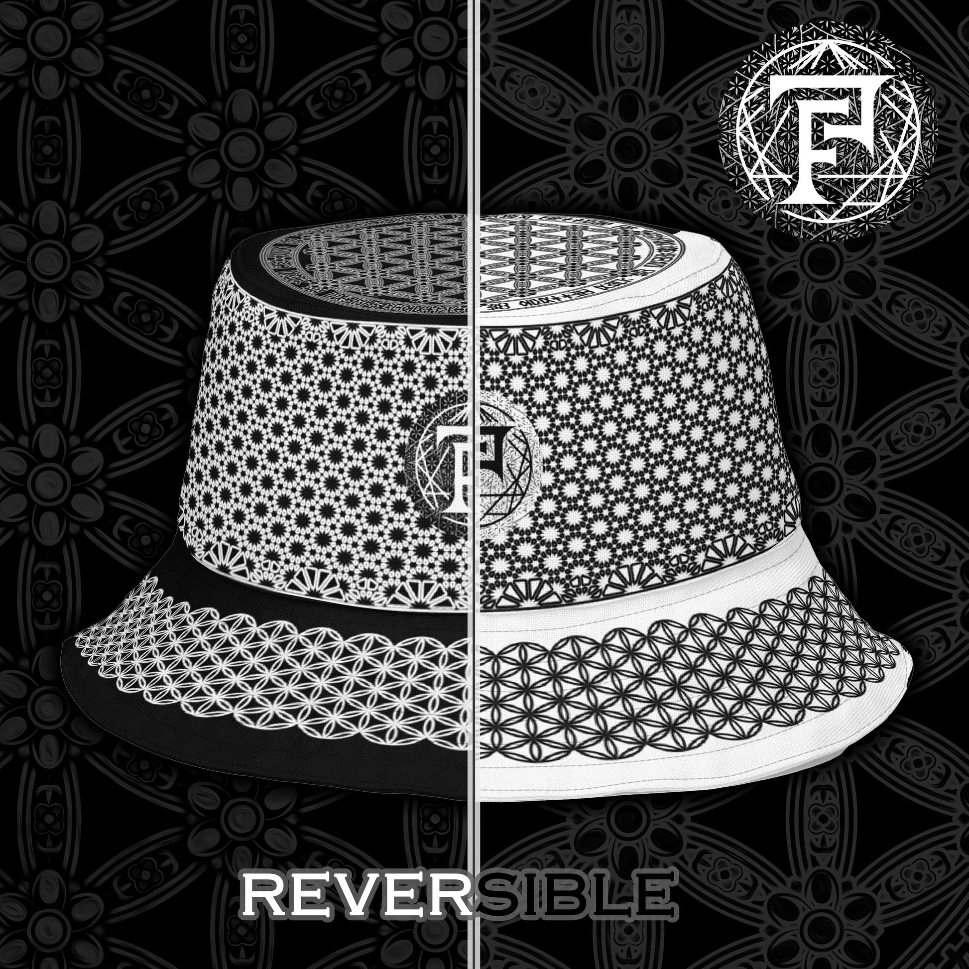 Sacred Geometry | Flower Of Life | Black and White 2 - sided Festival Hat | Psychedelic Pattern | Spiritual Gift | Reversible Bucket Hat