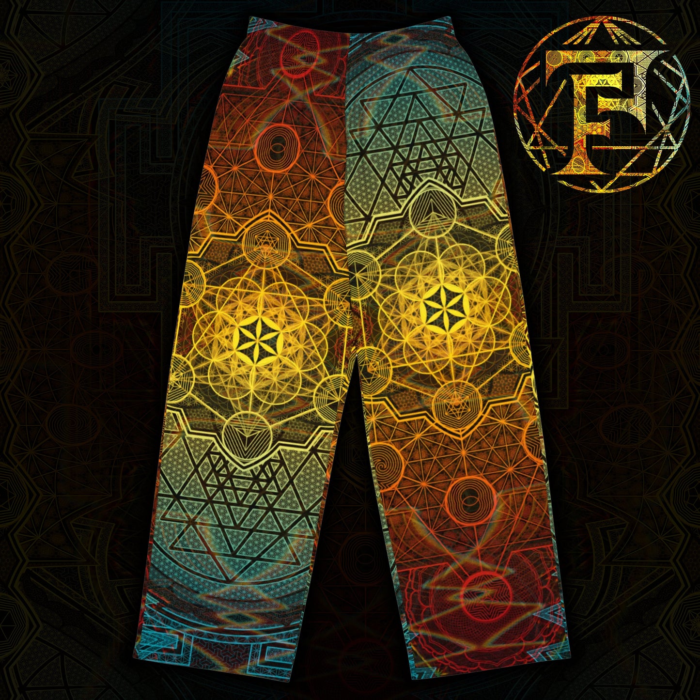 Sri Yantra | Sacred Geometry Patterns | Flower Of Life | Metatron's Cube Pants | Tree Of Life | Psychedelic Wear | Unisex wide-leg pants