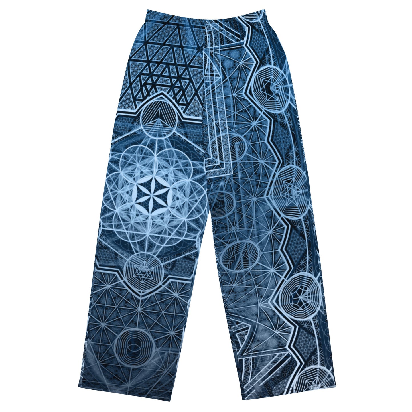 Sri Yantra | Blue Sacred Geometry Patterns | Flower Of Life | Metatrons Cube Pants | Tree Of Life | Psychedelic Wear | Unisex wide-leg pants