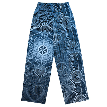 Sri Yantra | Blue Sacred Geometry Patterns | Flower Of Life | Metatrons Cube Pants | Tree Of Life | Psychedelic Wear | Unisex wide-leg pants