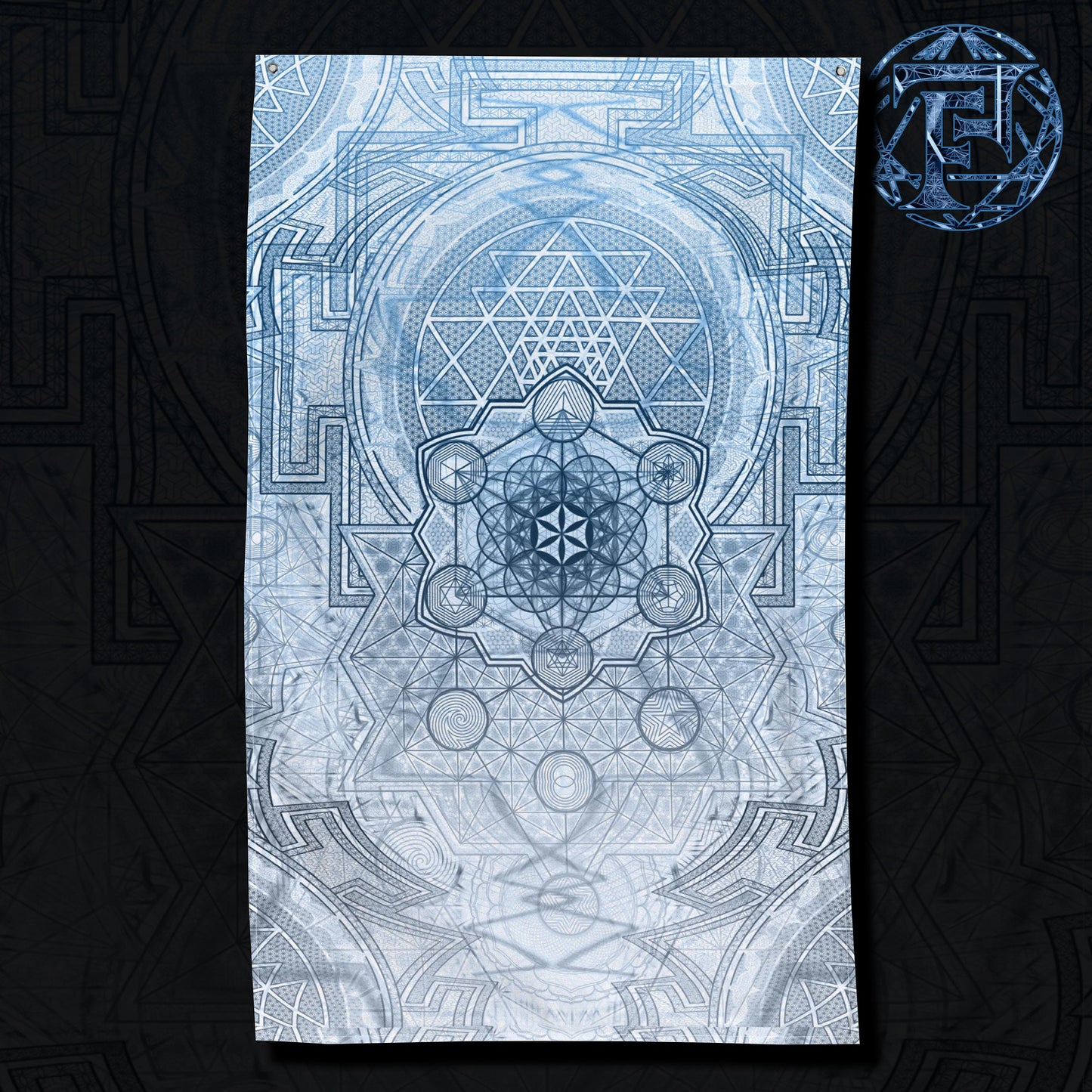 Sri Yantra | Sacred Geometry Patterns | Flower Of Life | Metatron's Cube Tapestry | Tree Of Life | Psychedelic Wall Art | Blue Flag