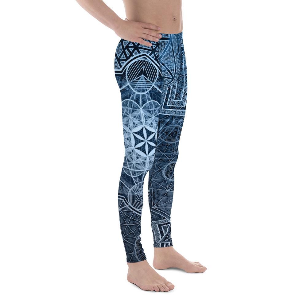 Sri Yantra | Blue Sacred Geometry Patterns | Flower Of Life | Metatrons Cube Clothing | Tree Of Life | Psychedelic Wear | Men&#39;s Leggings