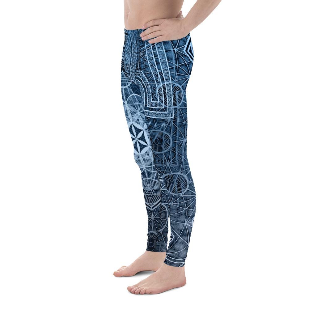 Sri Yantra | Blue Sacred Geometry Patterns | Flower Of Life | Metatrons Cube Clothing | Tree Of Life | Psychedelic Wear | Men&#39;s Leggings