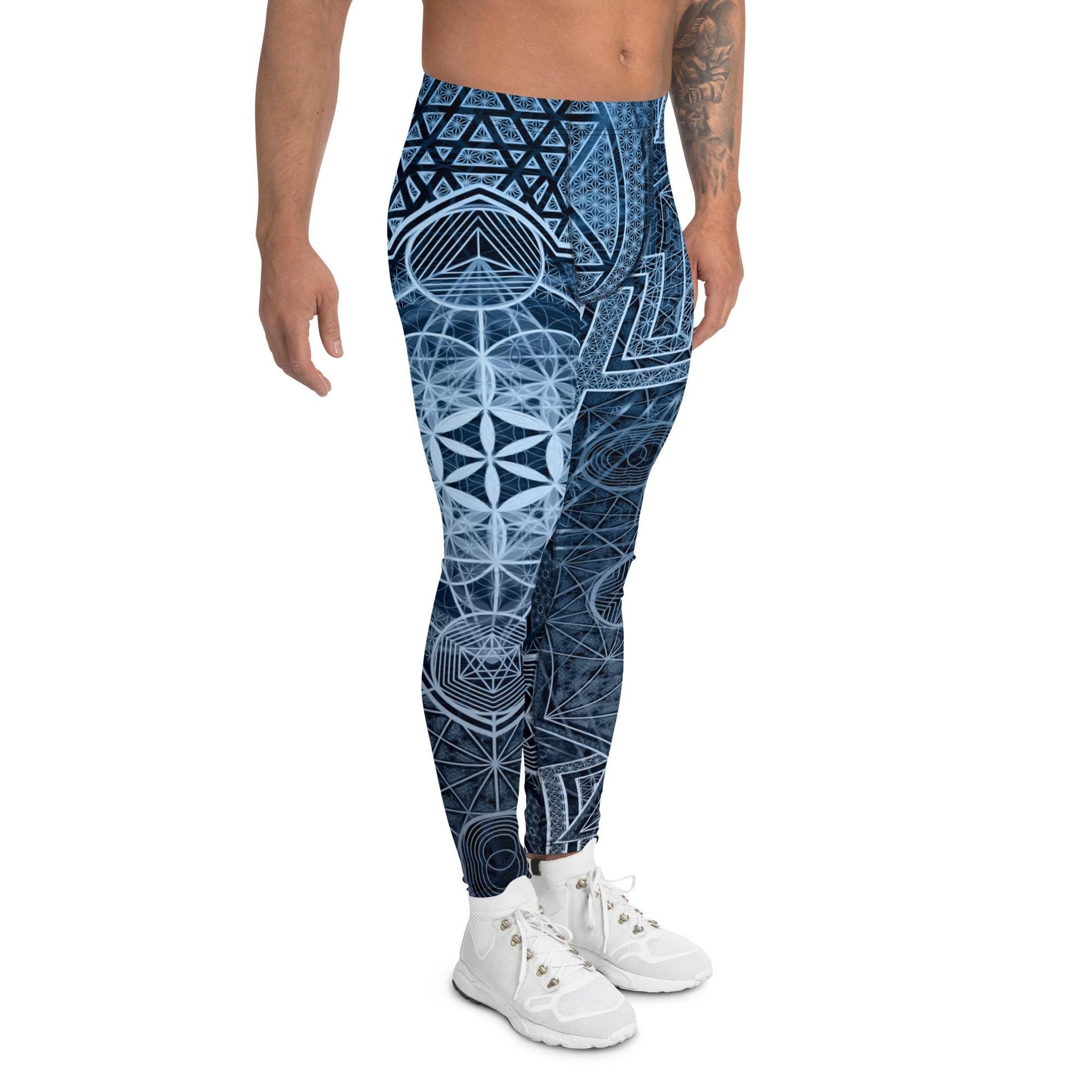 Sri Yantra | Blue Sacred Geometry Patterns | Flower Of Life | Metatrons Cube Clothing | Tree Of Life | Psychedelic Wear | Men&#39;s Leggings