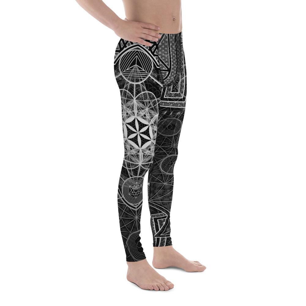 64 Tetrahedron | Sacred Geometry | Merkabah | Flower Of Life | B&W Metatron&#39;s Cube | Vector Equilibrium | Psychedelic Men&#39;s Leggings