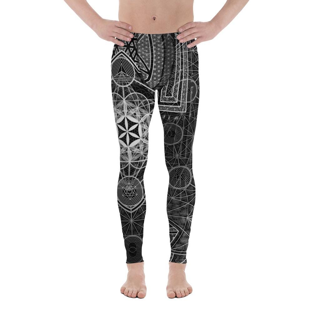 64 Tetrahedron | Sacred Geometry | Merkabah | Flower Of Life | B&W Metatron&#39;s Cube | Vector Equilibrium | Psychedelic Men&#39;s Leggings