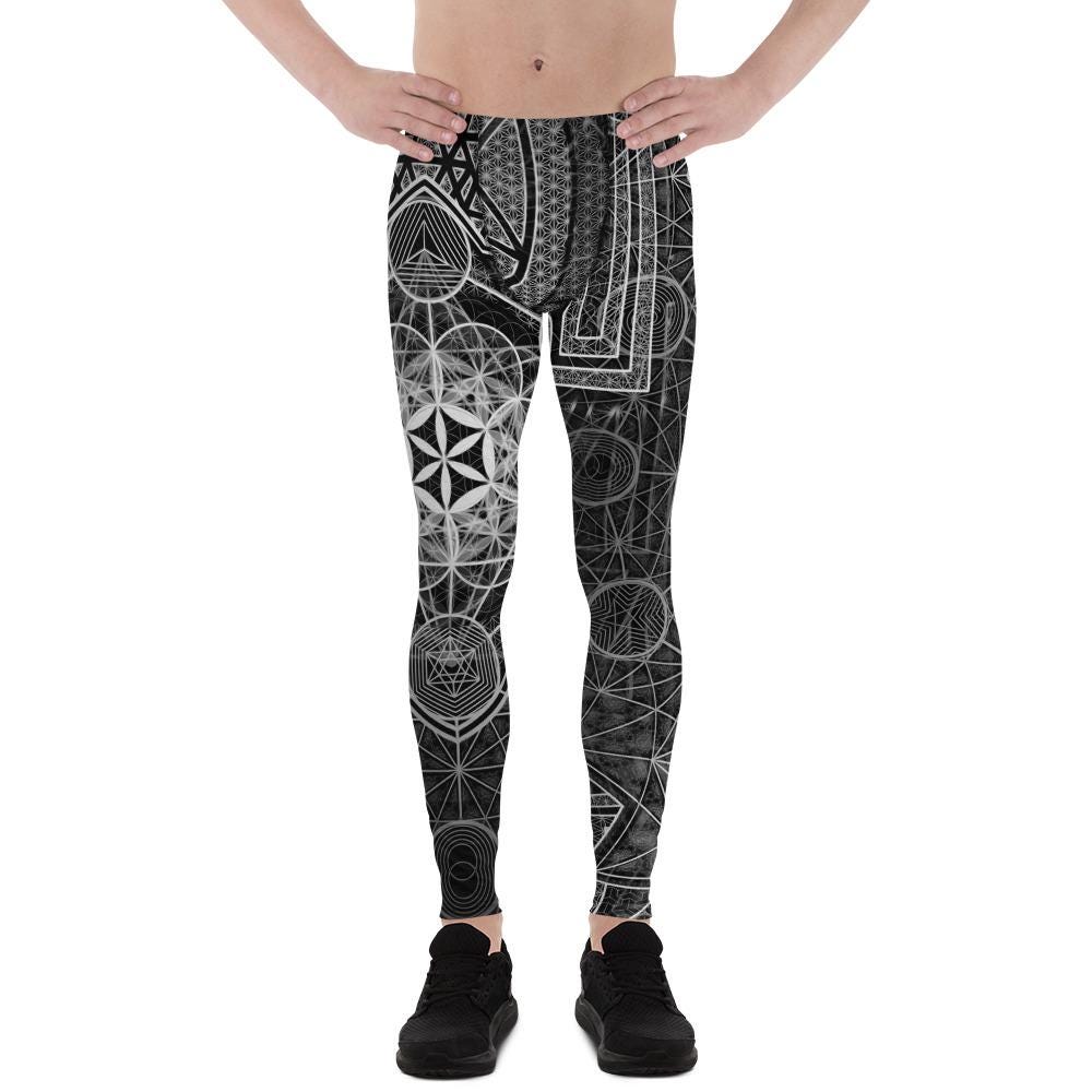 64 Tetrahedron | Sacred Geometry | Merkabah | Flower Of Life | B&W Metatron&#39;s Cube | Vector Equilibrium | Psychedelic Men&#39;s Leggings