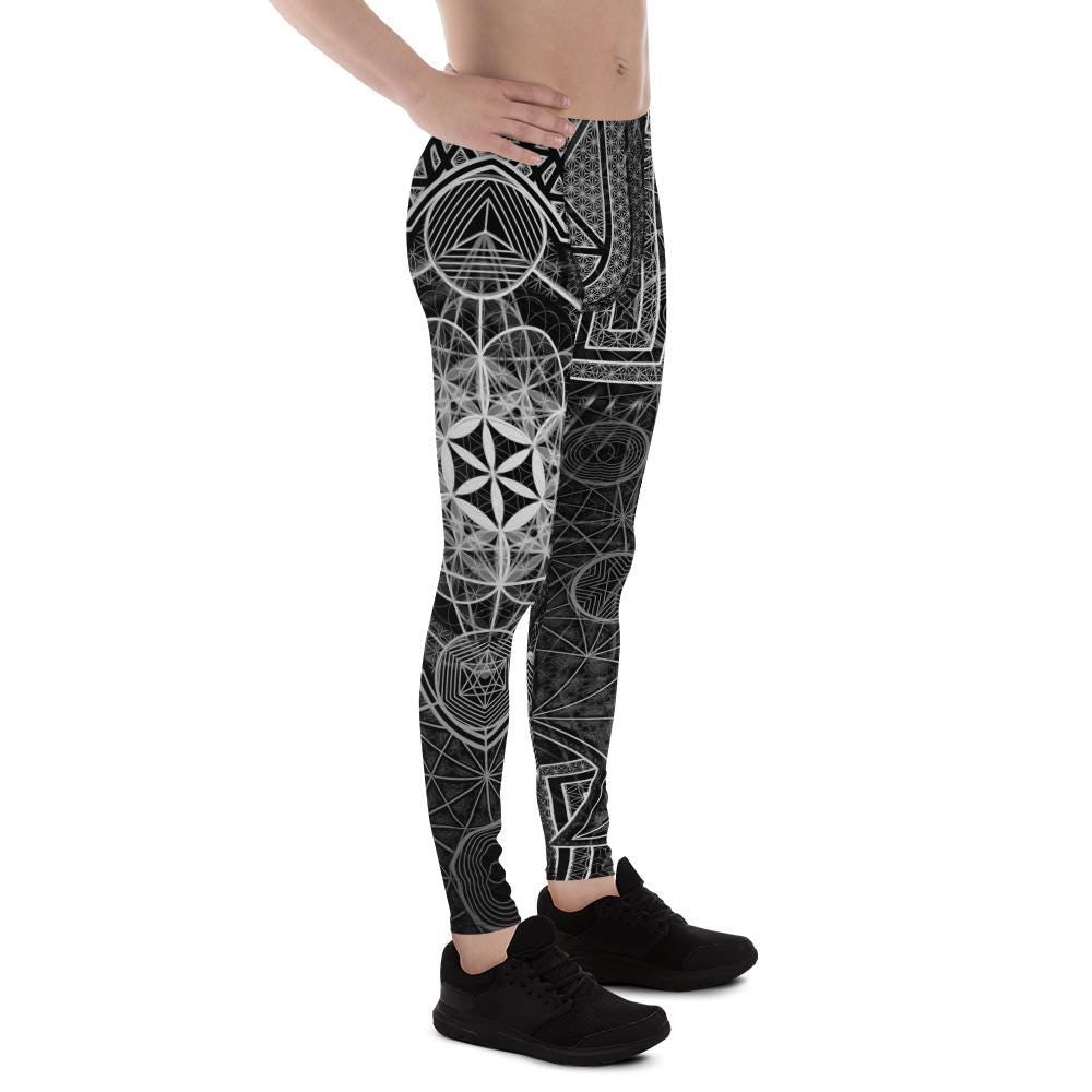 64 Tetrahedron | Sacred Geometry | Merkabah | Flower Of Life | B&W Metatron&#39;s Cube | Vector Equilibrium | Psychedelic Men&#39;s Leggings